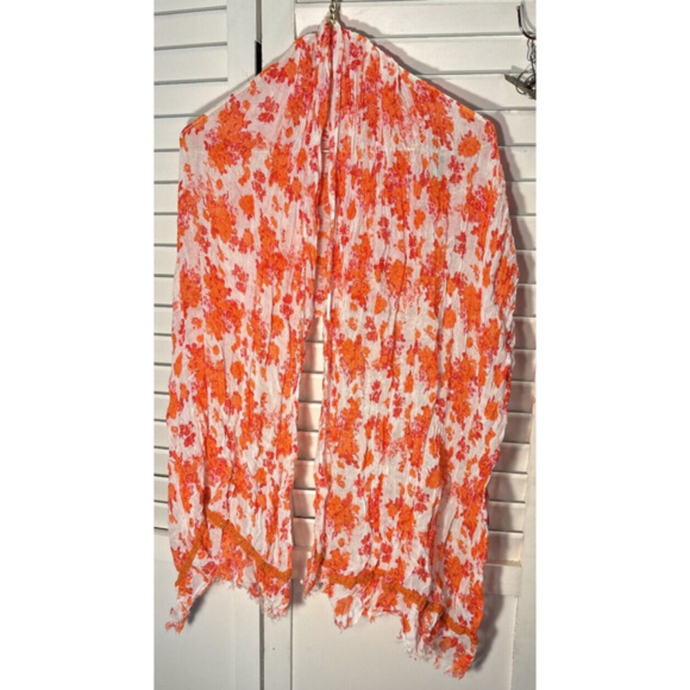 Orange/White Floral Knit Scarf‎ w/Fringe & Lace Detail 68"x28"